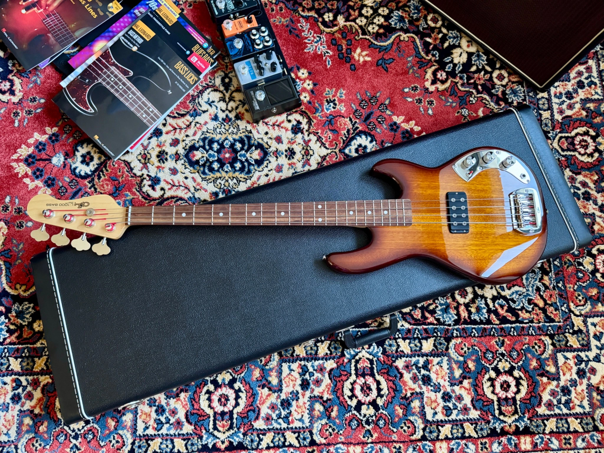 The bass laid out with its open G&L hard case.