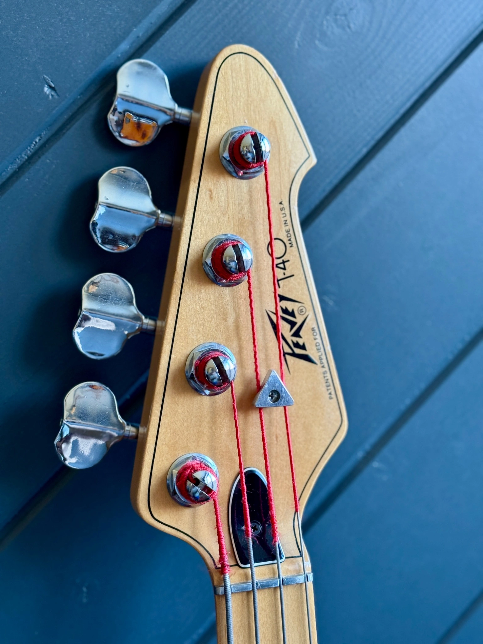 Front of the Peavey headstock and tuners.