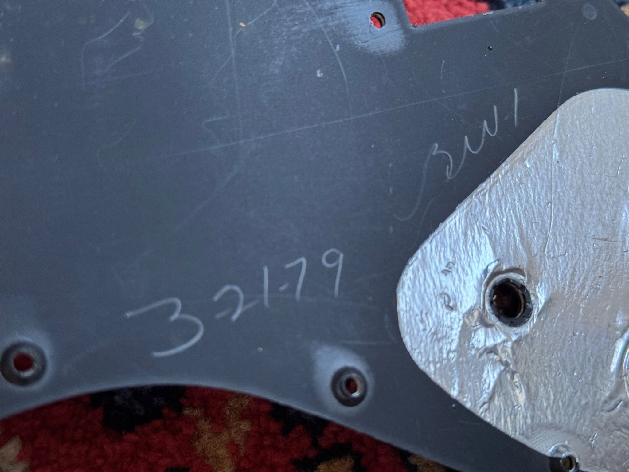 The underside of the original pickguard with the handwritten date 3-21-79.