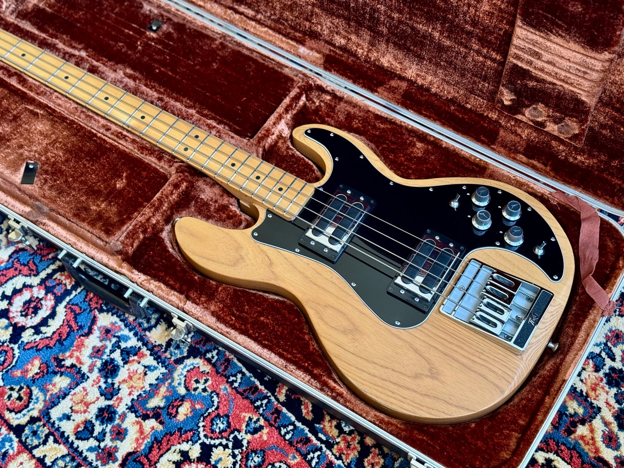 The bass resting inside its open case.