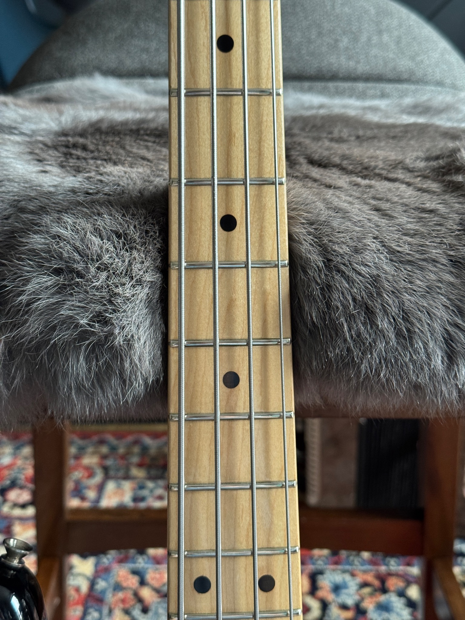 Maple fretboard dot markers and frets.