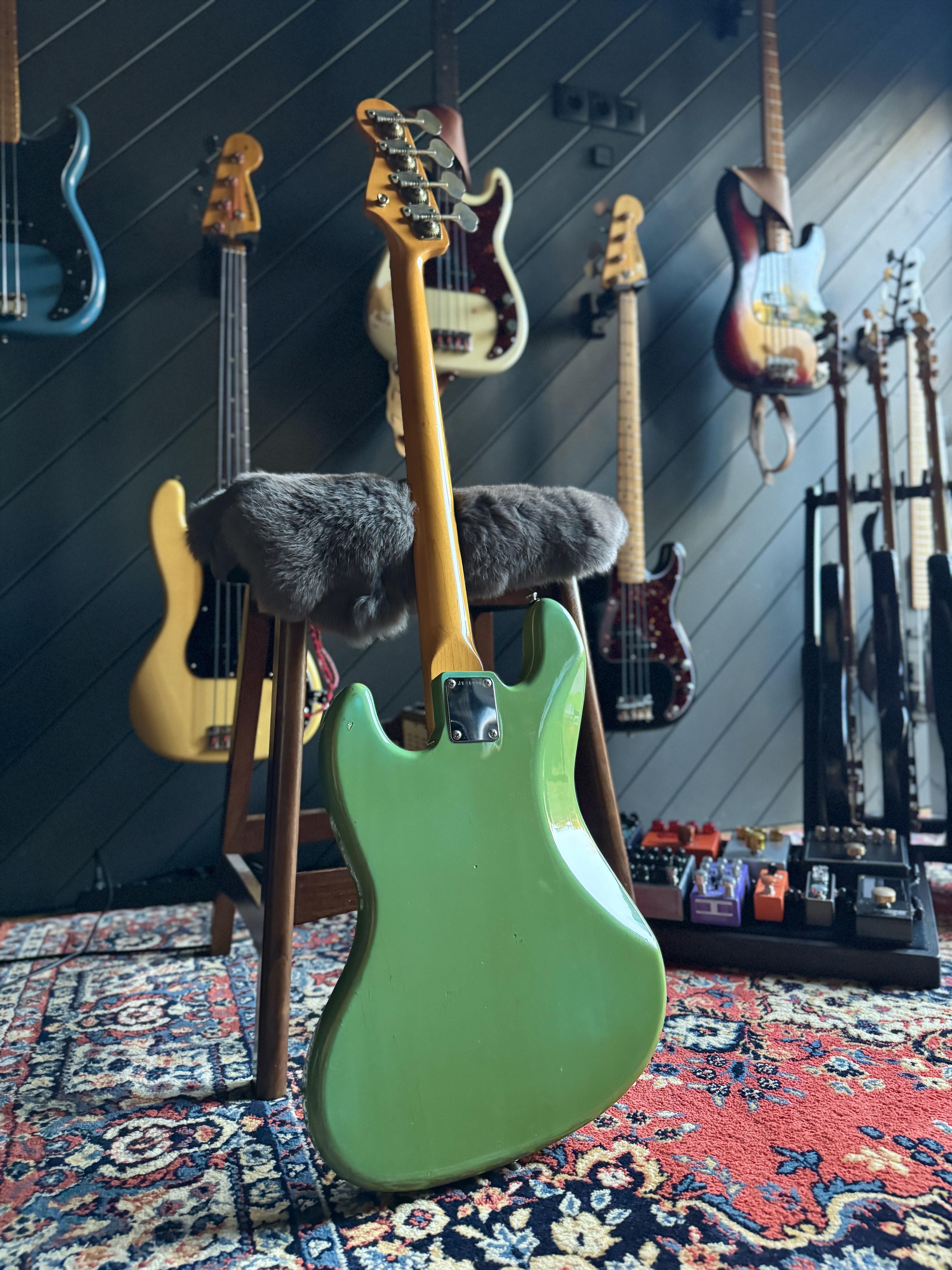 Reverse view of the green Squier JV Jazz Bass