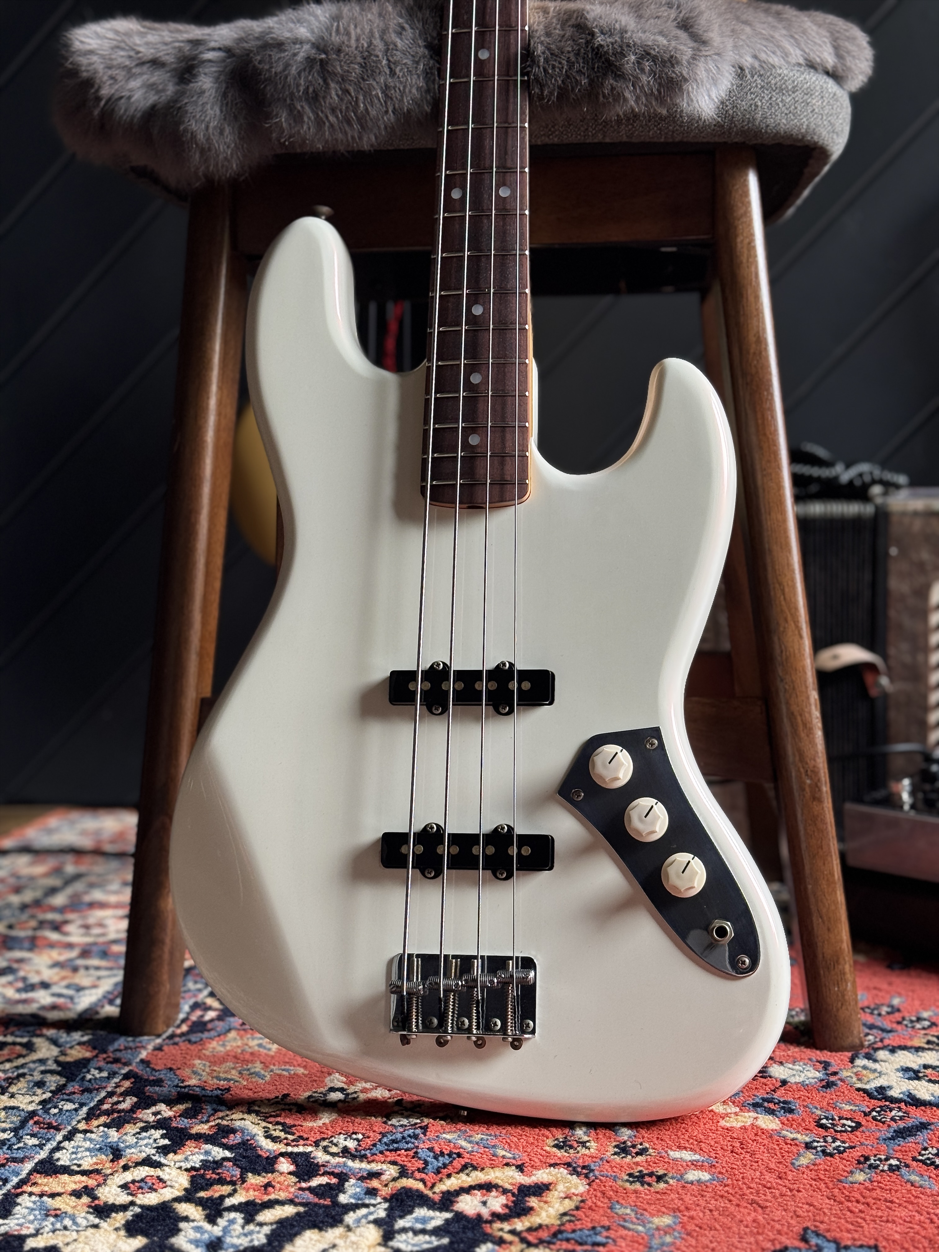 Front view of the pearlescent Tokai body, pickups, controls and bridge