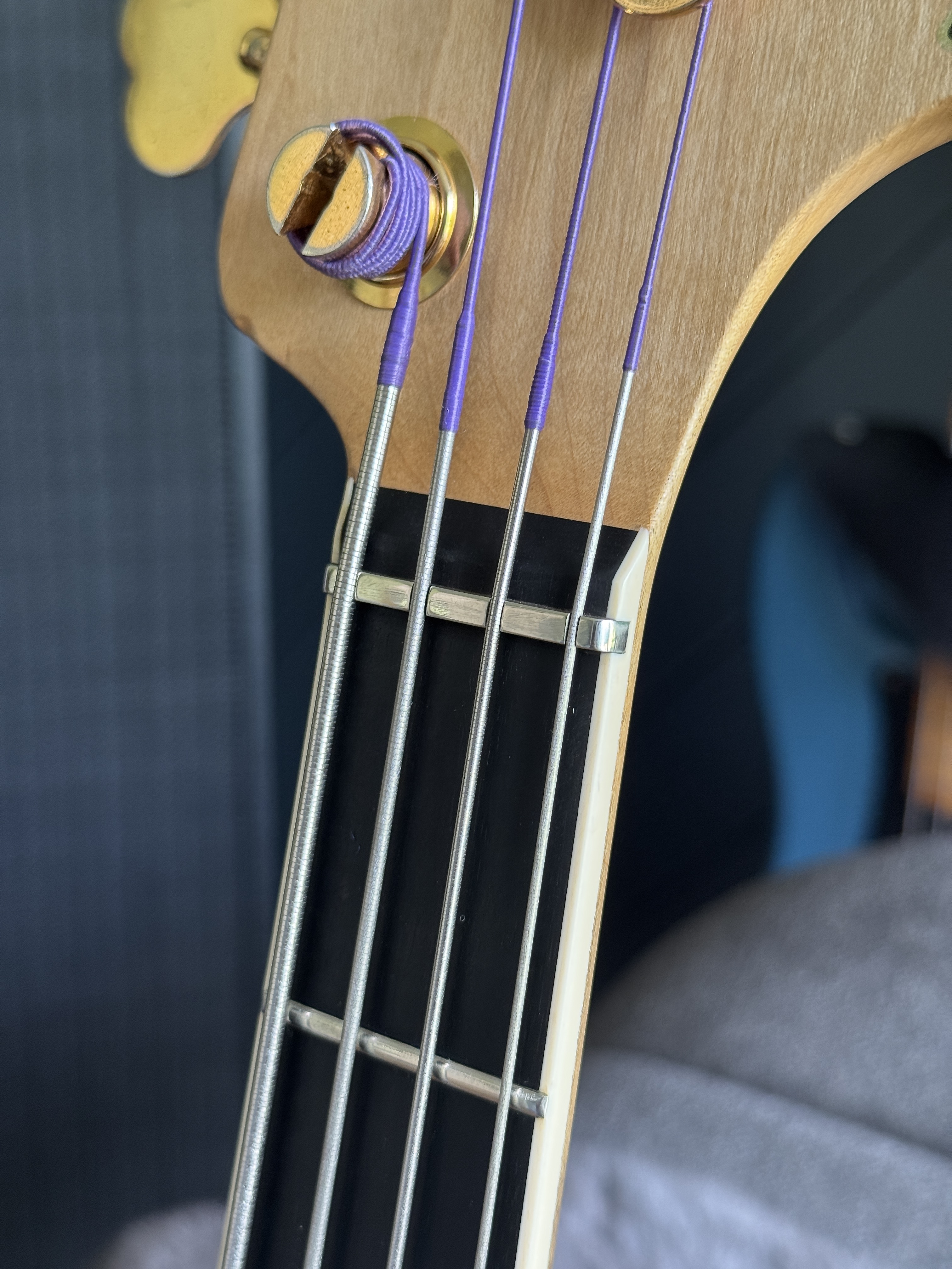 Close-up of the nut, strings and headstock face