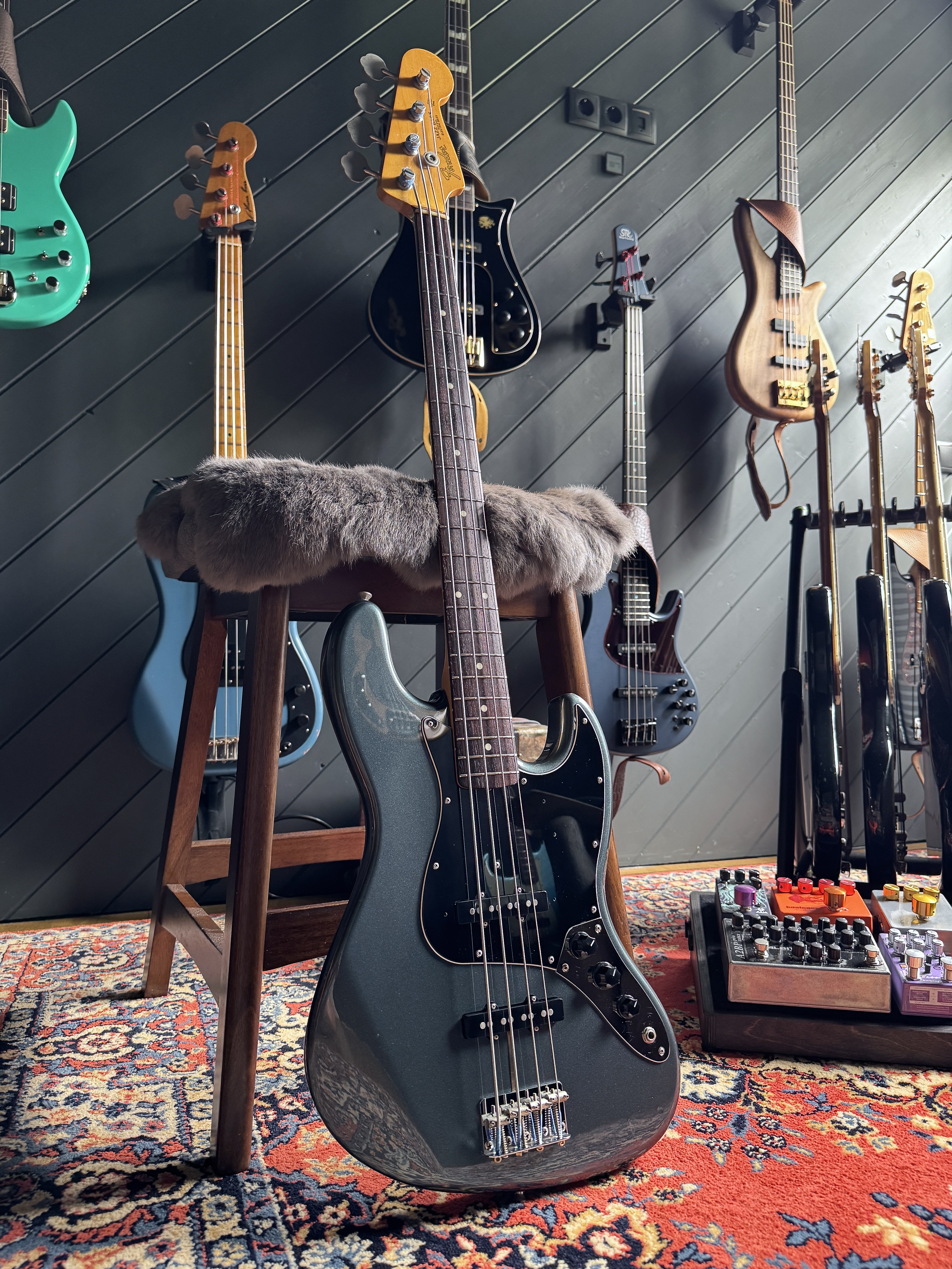 2008–2010 Fender Japan JB-62 Jazz Bass · US Gunmetal Blue — photograph in the Gruuvik Chamber Gone collection